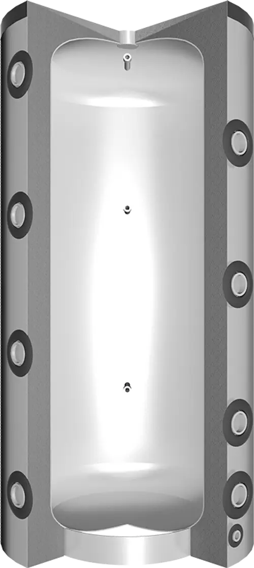 Vertikaler Pufferspeicher von Juratherm mit gewölbter, glatter Oberfläche und mehreren Anschlüssen zur Wärmeübertragung.